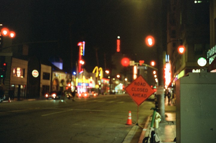 Soft neon lights on a California street at night